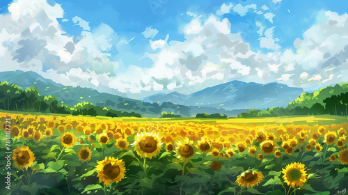 A field of yellow sunflowers with a blue sky in the background