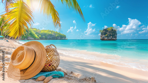 A beach scene with a hat and a basket on the sand. The beach is empty and the sky is blue