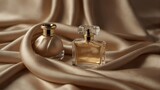 beige smooth silk satin fabric background with beautiful glass for womens perfume bottle from Generative AI