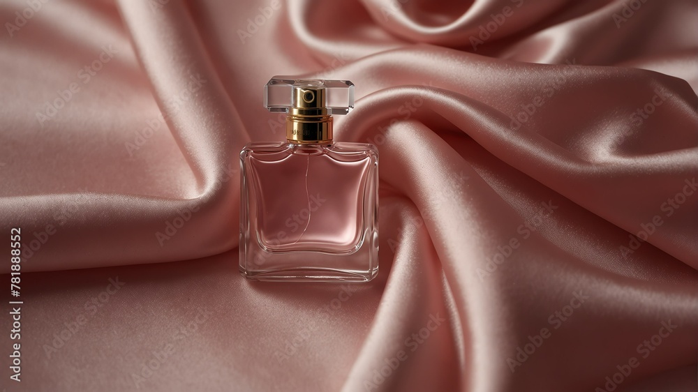 pink smooth silk satin fabric background with beautiful glass for womens perfume bottle from Generative AI pink smooth silk satin fabric background with beautiful glass for womens perfume bottle from Generative AI