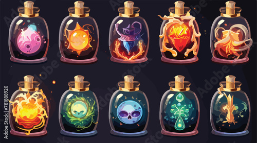 Potion bottles with magic elixir and tags cartoon g