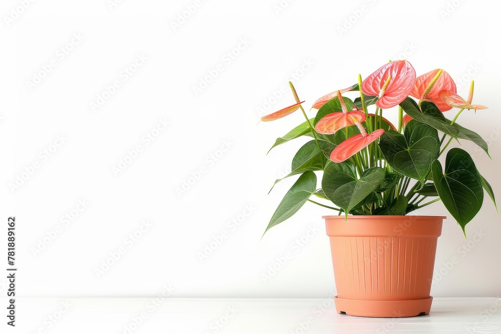 Anthurium (tailflower, flamingo flower, laceleaf) in Flowerpot Closeup, Anthurium Macro House Plant Anthurium (tailflower, flamingo flower, laceleaf) in Flowerpot Closeup, Anthurium Macro House Plant