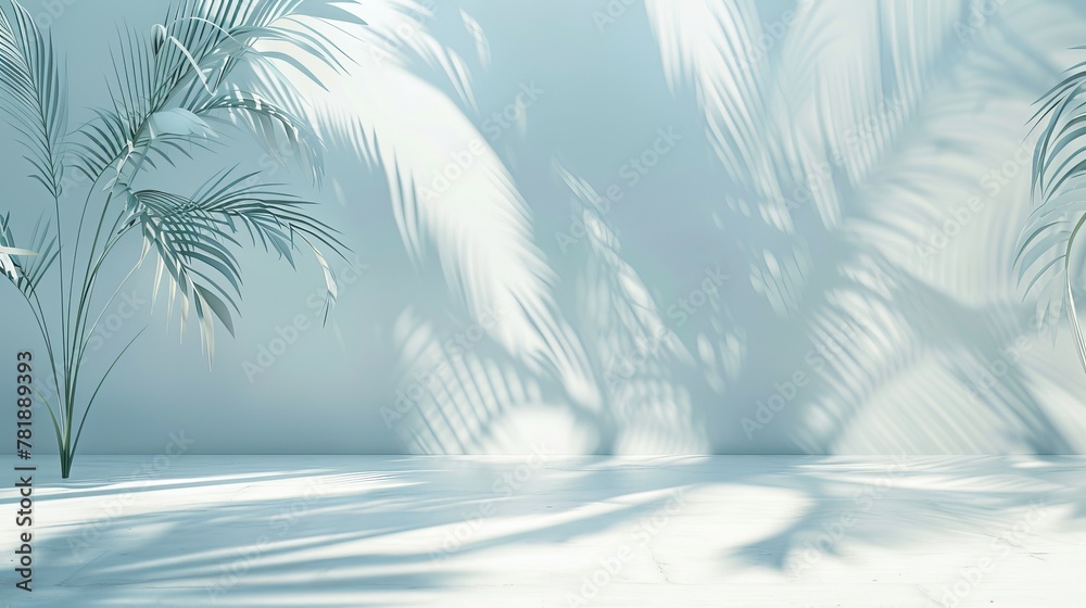 Minimal abstract light blue background for product presentation. Shadow and light from windows and shadow of leaves of palm on plaster wall. copy space of text , for presentation Minimal abstract light blue background for product presentation. Shadow and light from windows and shadow of leaves of palm on plaster wall. copy space of text , for presentation