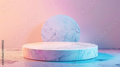 Minimalist white circular marble podium sleek and modern against a soft pastel gradient background