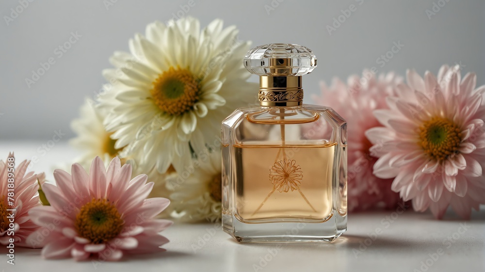 a chrysanthemum flower and beautiful glass for womens perfume bottle on plain white background from Generative AI