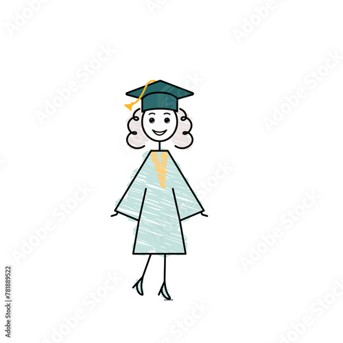 happy student girl doodle vector illustration, end of school day, green graduation gown, black outline sketch