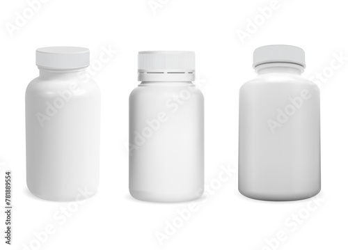 Medicine pill bottle blank. White supplement jar template illustration. Vitamin tablet container design. Realistic pharmaceutical medicament can mockup. Prescription medication packaging
