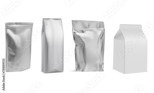 Food bag template. Coffee foil sachet mock up design, isolated on white. Snack chip packaging mockup, zipper closed. Plastic candy pouch blank illustration. Flour or cookie container
