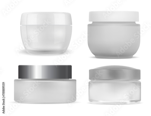 Cosmetic cream plastic jar, face skin care product template, isolated on white. Realistic design of round packaging for skin scrub or gel lotion. Make-up powder tube illustration