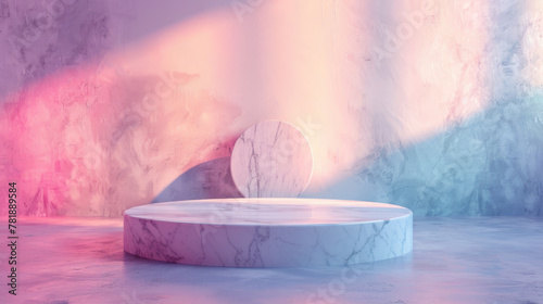 Minimalist white circular marble podium sleek and modern against a soft pastel gradient background