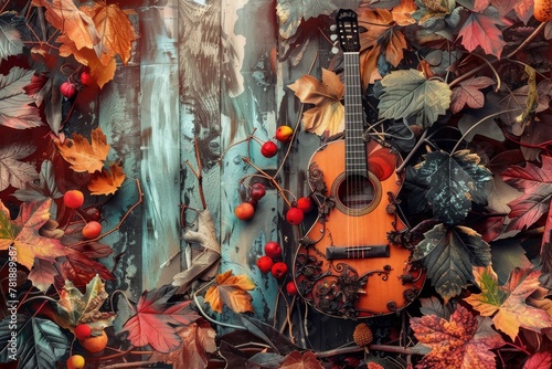 Autumn Music Collage, Surreal Trendy Contemporary Poster, Fall Music Concept, Copy Space