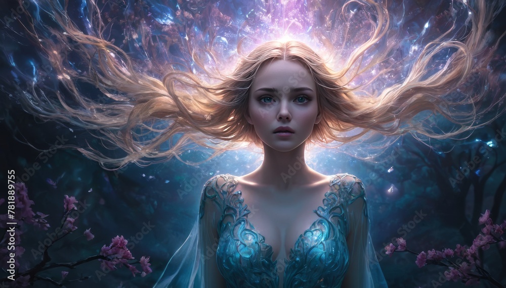 A sorceress channels celestial energy, her hair flowing like the cosmic winds among blossoming trees.. AI Generation