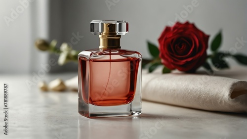 a red rose and beautiful glass for womens perfume bott cedb-f-b-b-deaflower and beautiful glass for womens perfume bottle on plain white background from Generative AI