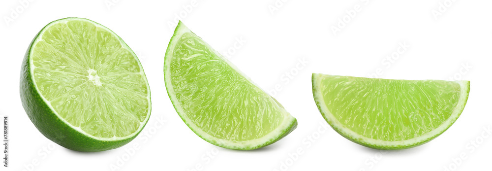 Slices of ripe juicy lime isolated on white, set