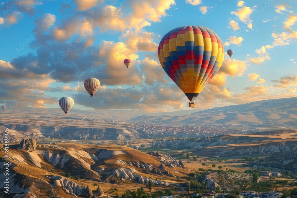 Obraz premium Balloon Tourism, Air Balloons in Sky, Mountain Landscape with Ballooning, Turkey Landscape