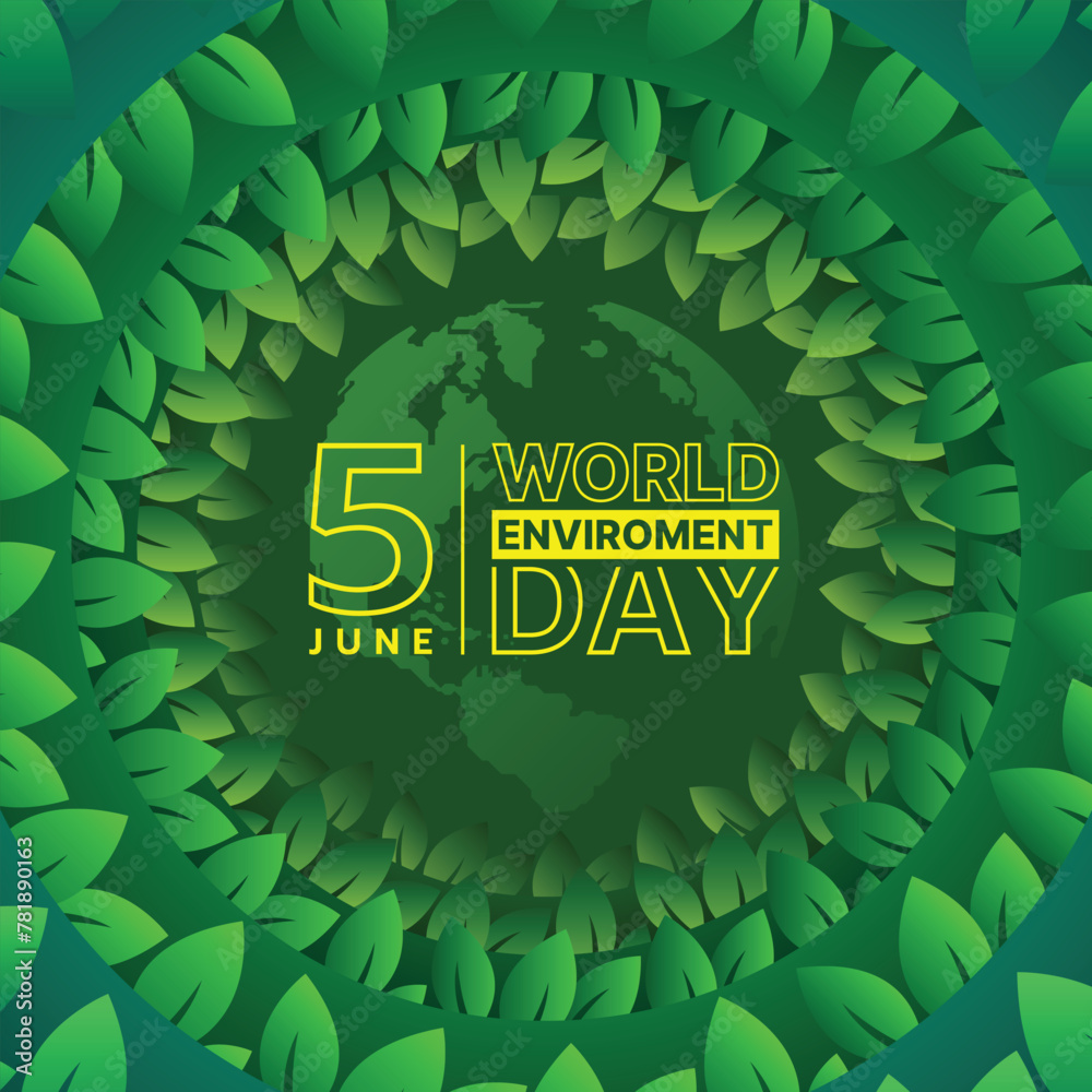 World Enviroment day - Yellow text on globe world texture in circle layers green leaf around vector design - obrazy, fototapety, plakaty 
