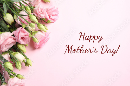Happy Mother's Day greeting card. Beautiful flowers on pink background