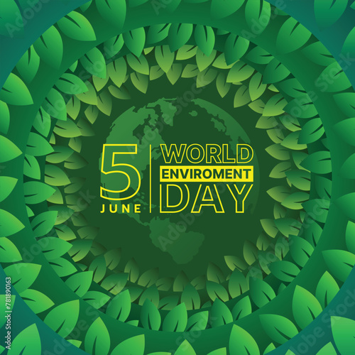 World Enviroment day - Yellow text on globe world texture in circle layers green leaf around vector design