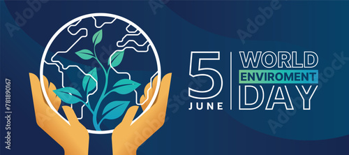 World Environment Day - Hands hold up white line circle world globe with plant leaf on blue background vector design