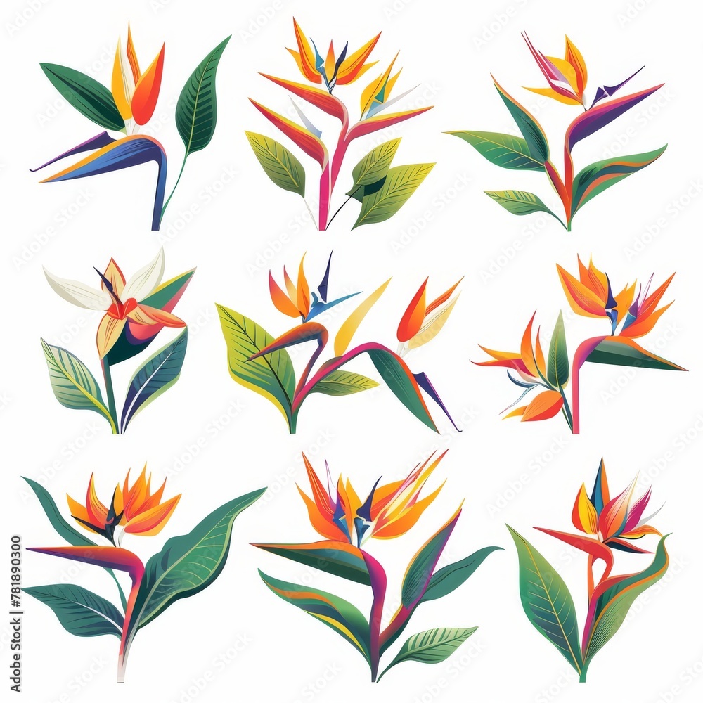Bird of Paradise Flower Icon Set, Garden Strelitzia Flat Design, Abstract Strelitzia Reginae Symbol Bird of Paradise Flower Icon Set, Garden Strelitzia Flat Design, Abstract Strelitzia Reginae Symbol
