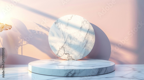 Minimalist white circular marble podium sleek and modern against a soft pastel gradient background