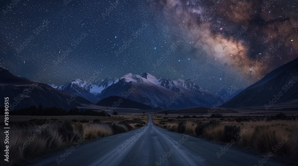 Starry Night Sky Over Mountain Road Leading to the Horizon