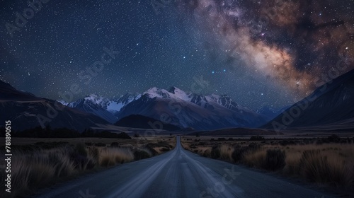 Starry Night Sky Over Mountain Road Leading to the Horizon © Sintrax