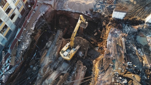 Aerial View of Excavator on Construction Site at Sunset © Julia Jones