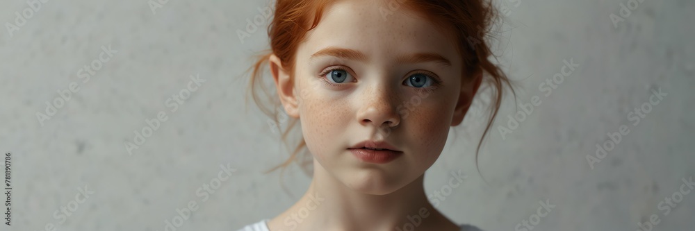 young red head child girl eyes panoramic banner for skin care, beauty and ad concept bright white clear background from Generative AI young red head child girl eyes panoramic banner for skin care, beauty and ad concept bright white clear background from Generative AI