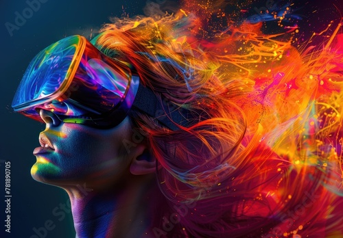 A woman s profile is highlighted by the colorful  fiery effects from the virtual reality headset she wears.