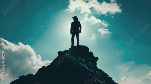 Silhouette of a lone adventurer standing atop a mountain peak under a blue sky