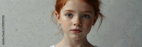 young red head child girl eyes panoramic banner for skin care, beauty and ad concept bright white clear background from Generative AI © Arceli