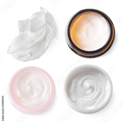 Set of body cream isolated on white, top view. Skin care product