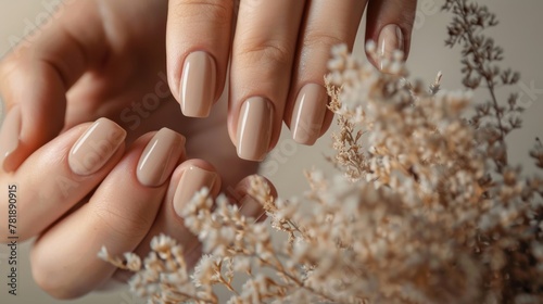 Elegant Beige Manicure on Woman's Hands with Dry Flowers photo