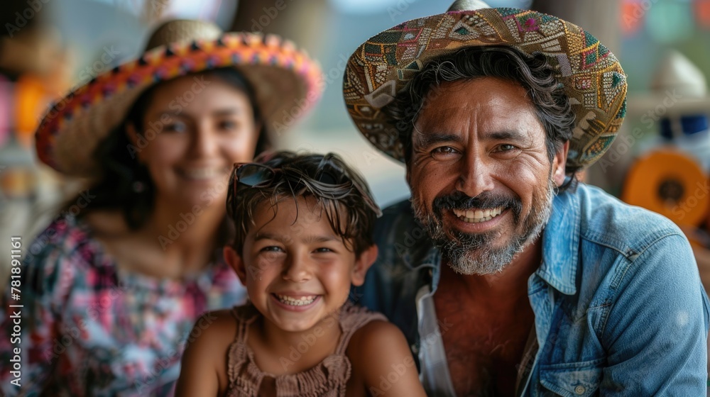Family in sombreros smiling together. Close-up portrait with selective focus.