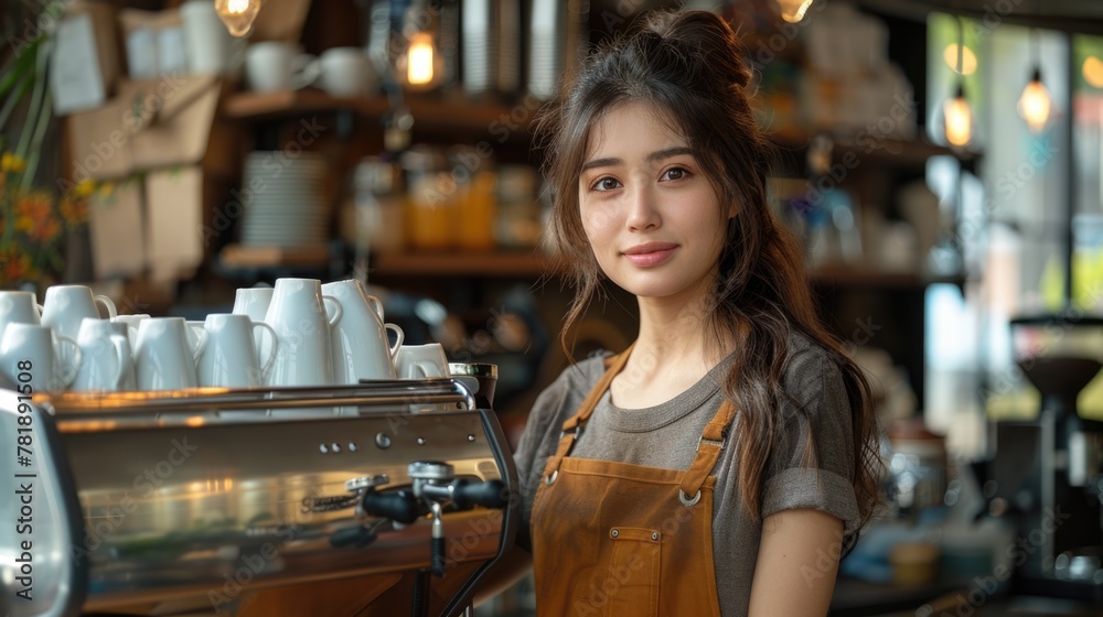 Confident Barista Smiling Behind Coffee Machine at Trendy Cafe
