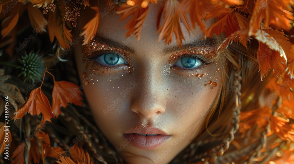 Enchanting Autumn Muse: Close-Up Portrait with Golden Leaves and Sparkles