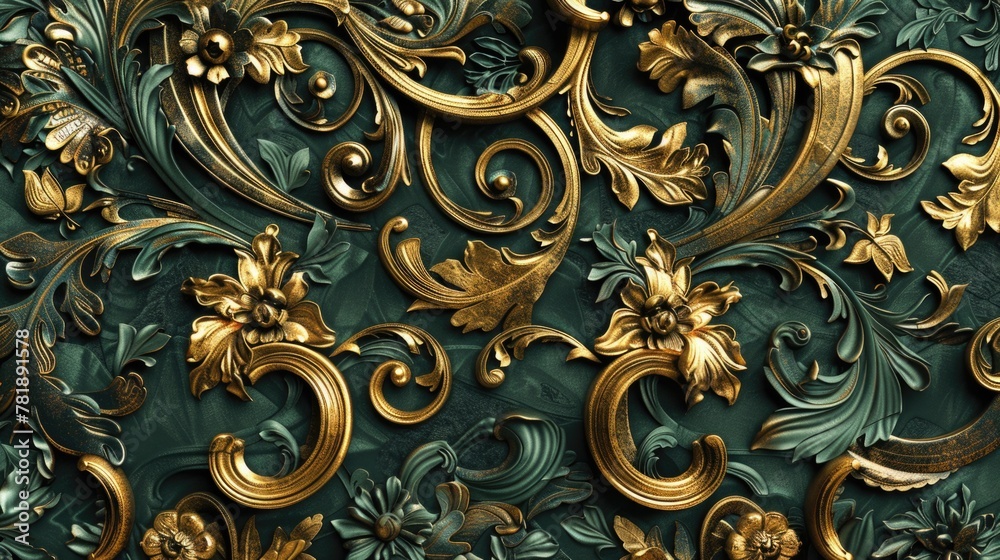 Luxurious Golden Baroque Patterns on a Teal Background