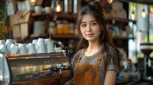 Confident Barista Smiling Behind Coffee Machine at Trendy Cafe