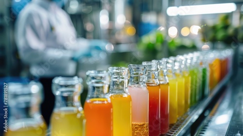 Assorted colorful beverages in glass bottles on a production line in a modern beverage factory.