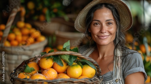 Fresh Citrus Harvest: Smiling Woman Holding a Basket of Oranges