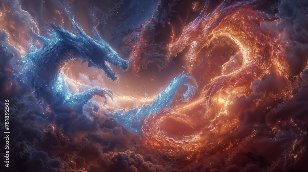 A celestial battle unfolds in an ethereal nebula, where fiery and icy dragons embody the eternal struggle of opposites A celestial battle unfolds in an ethereal nebula, where fiery and icy dragons embody the eternal struggle of opposites