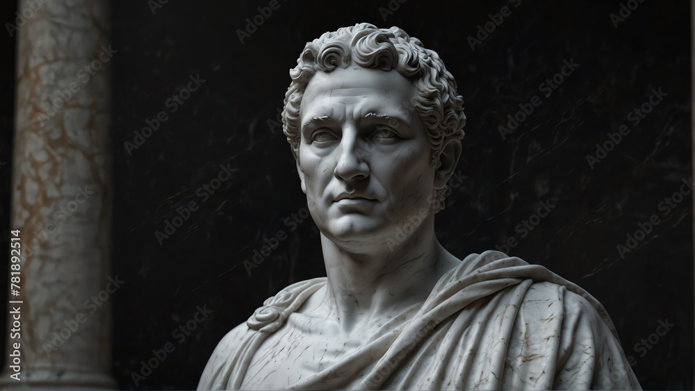 roman emperor white smooth marble statue on plain black background from Generative AI