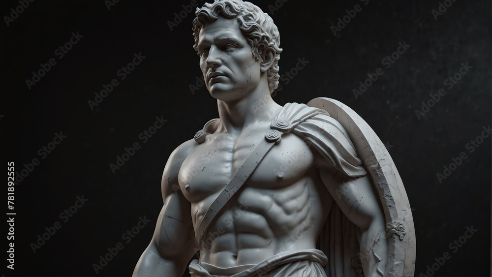 roman warrior white smooth marble statue on plain black background from Generative AI