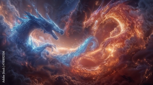 A celestial battle unfolds in an ethereal nebula, where fiery and icy dragons embody the eternal struggle of opposites