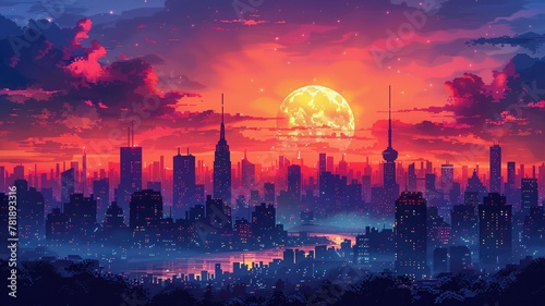 Retro style of pixel background of modern and calm city, Illustration in r pixel art background, 2d vector illustration, EPS 10.