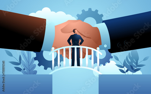 Businessman standing in the middle of a bridge, observing giant hands shaking, depiction the concept of a middleman or broker facilitating negotiations and bridging connections between parties