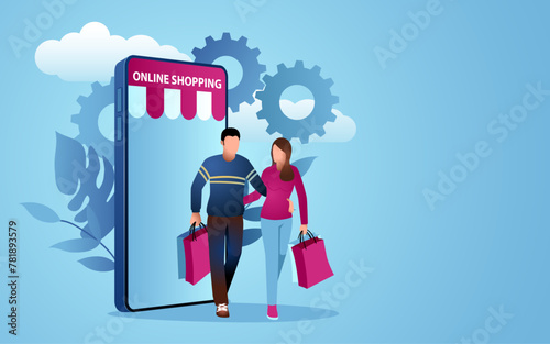 Digital age of retail, vector illustration of a couple carrying shopping bags, mobile phone symbolizing ecommerce, modern retail, technology integrates with everyday activities