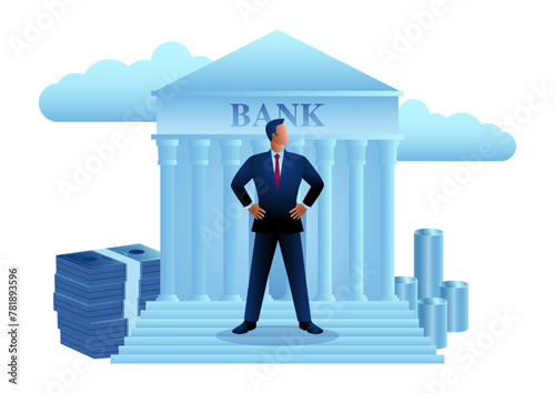 Businessman standing confidently in front of a bank, surrounded by banknotes and coins in the background, the essence of financial success, investment banker, symbolizing wealth, and capitalism