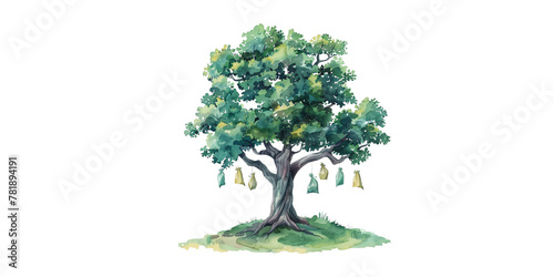 watercolor illustration of an oak tree with hanging plastic bags on a white background